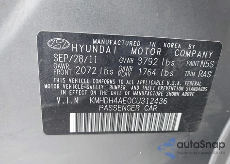 2012 Hyundai Elantra Gls (Ulsan Plant) из США, поврежденный, VIN KMHDH4AE0CU312436